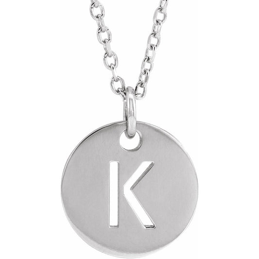 14K White Initial K 10 mm Disc 16-18 Necklace