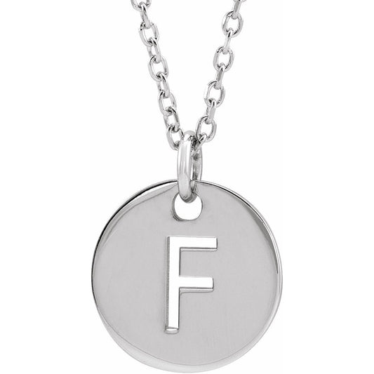14K White Initial F 10 mm Disc 16-18 Necklace