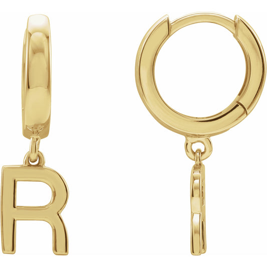 14K Yellow Single Initial R Huggie