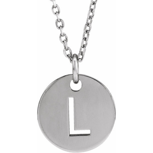 14K White Initial L 10 mm Disc 16-18 Necklace