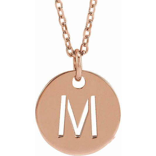 14K Rose Initial M 10 mm Disc 16-18 Necklace