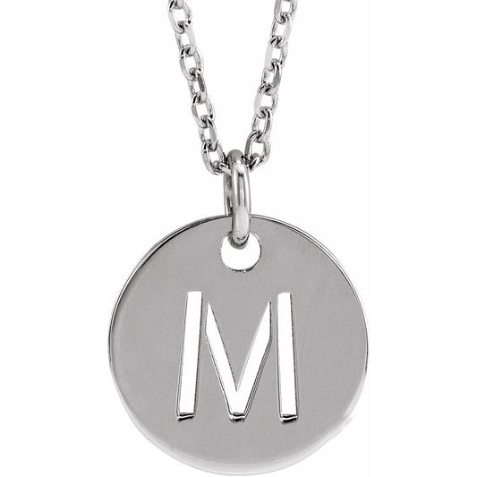 14K White Initial M 10 mm Disc 16-18 Necklace