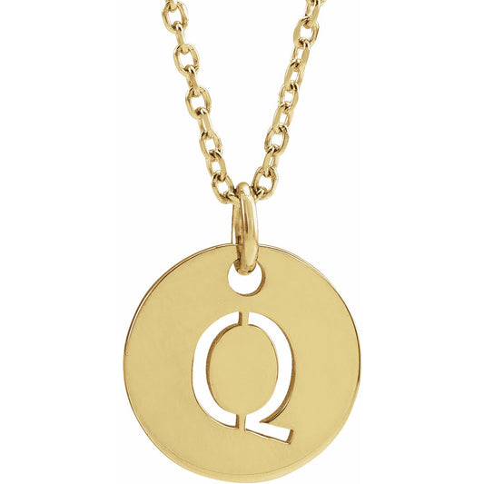 14K Yellow Initial Q 10 mm Disc 16-18 Necklace