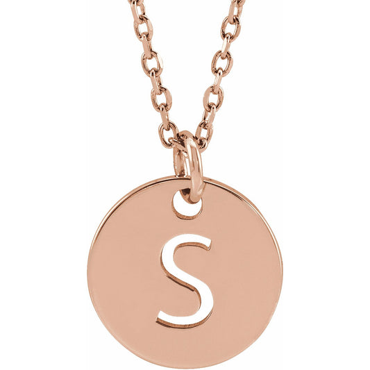 14K Rose Initial S 10 mm Disc 16-18 Necklace