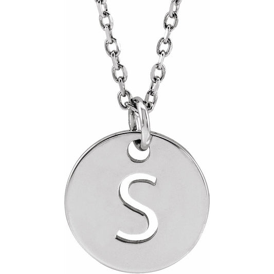 14K White Initial S 10 mm Disc 16-18 Necklace