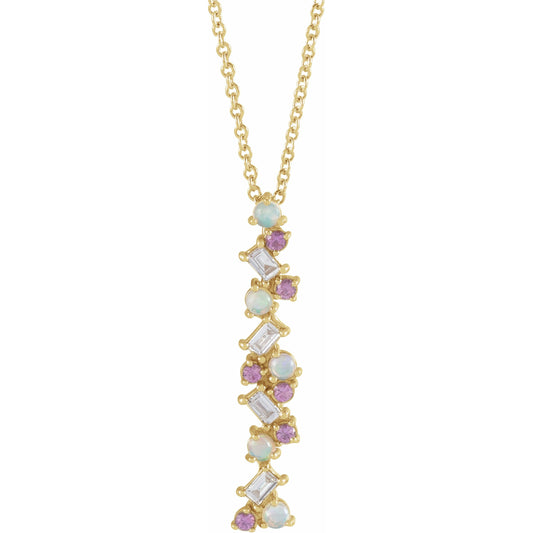 14K Yellow Ethiopian Opals, Pink Sapphires & 1/8 CTW Diamond Scattered Bar 16-18 Necklace
