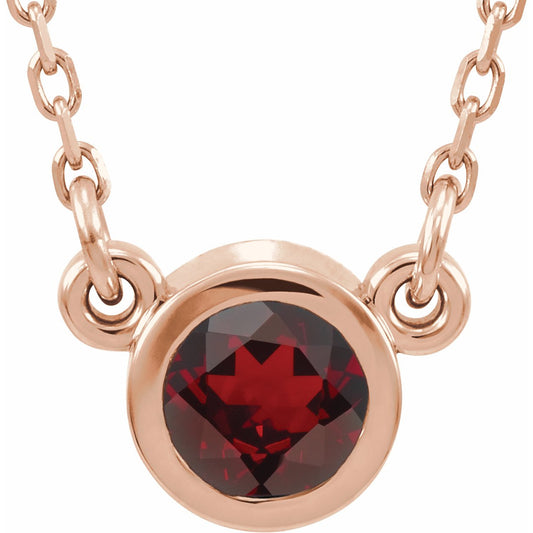 14K Rose 3 mm Round Mozambique Garnet Bezel-Set Solitaire 16 Necklace