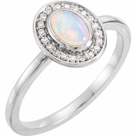 14K White Opal & .08 CTW Diamond Halo-Style Ring