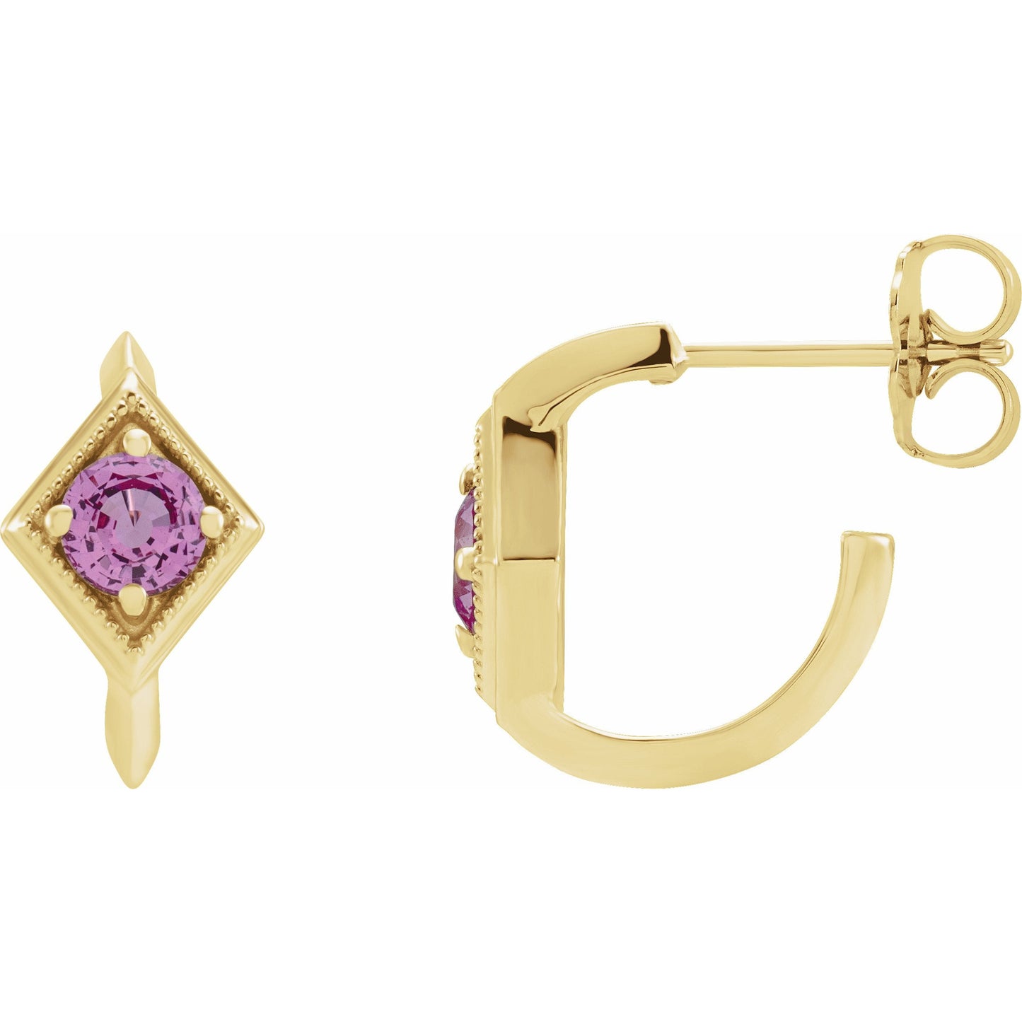 14K Yellow Pink Sapphire Geometric Hoop Earrings