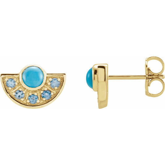 14K Yellow Turquoise & Aquamarine Fan Earrings