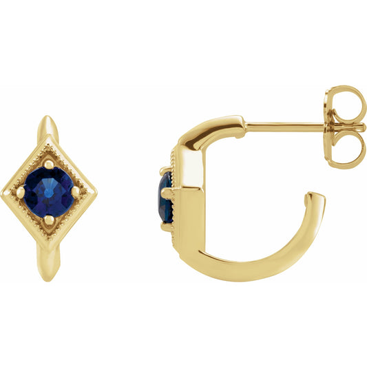 14K Yellow Blue Sapphire Geometric Hoop Earrings