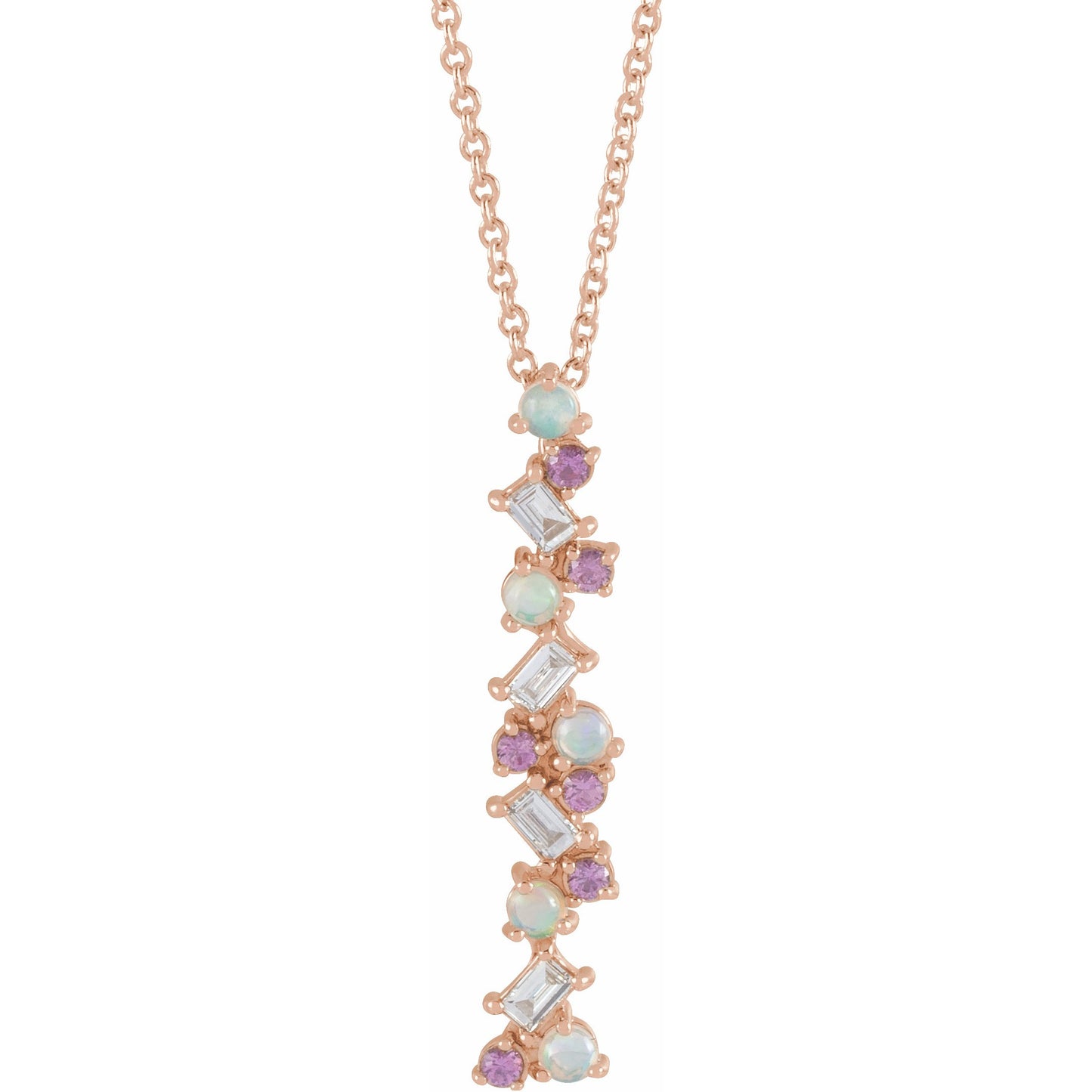 14K Rose Ethiopian Opals, Pink Sapphires & 1/8 CTW Diamond Scattered Bar 16-18 Necklace