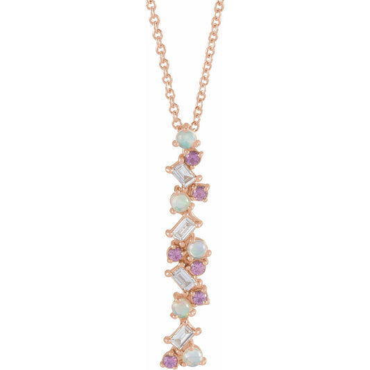 14K Rose Ethiopian Opals, Pink Sapphires & 1/8 CTW Diamond Scattered Bar 16-18 Necklace