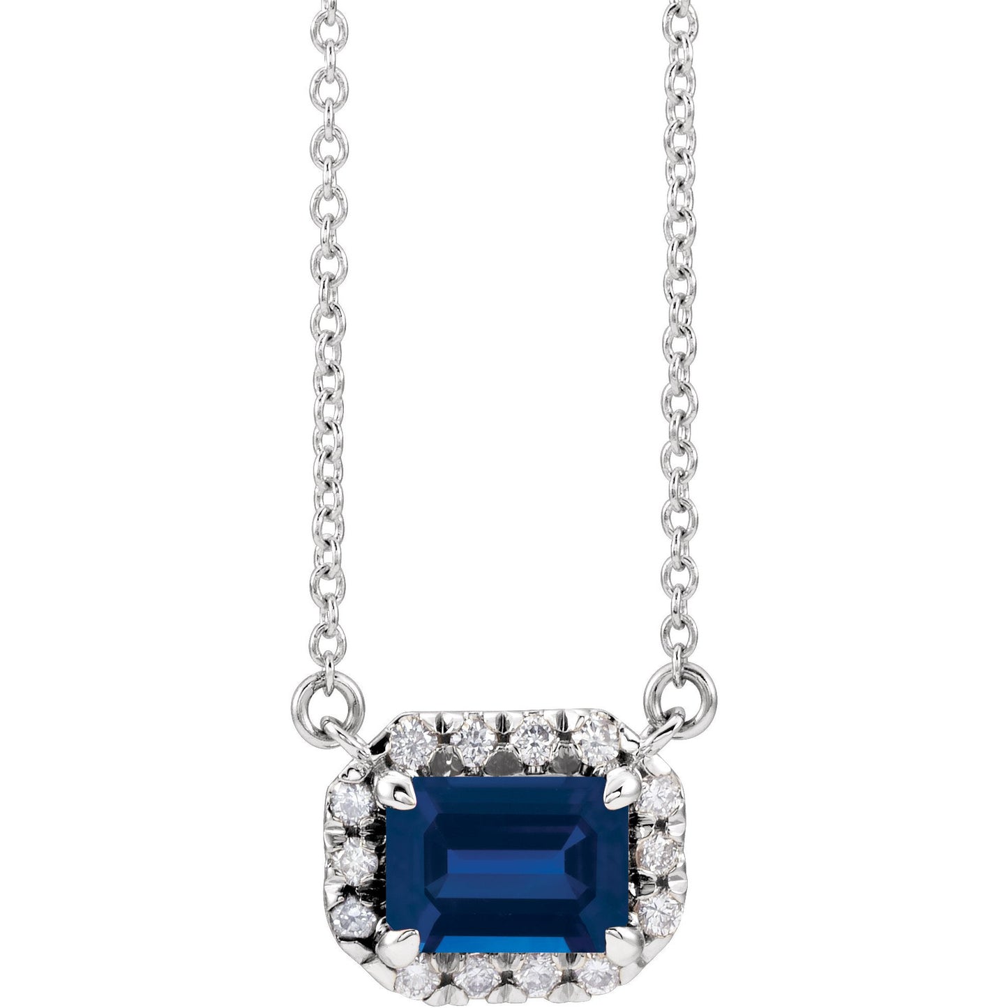 14K White 7x5 mm Emerald Blue Sapphire & 1/5 CTW Diamond 16 Necklace