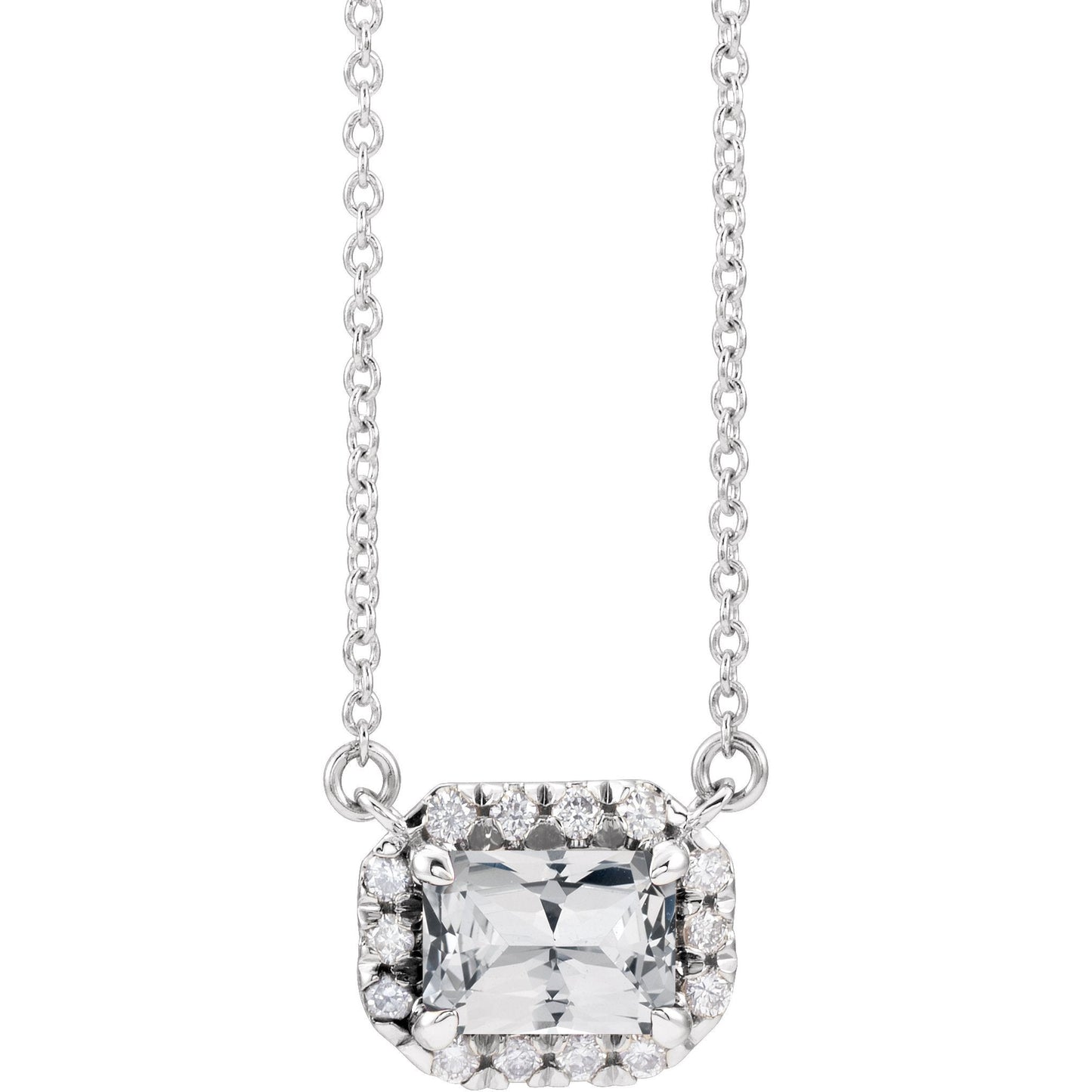 14K White 5x3 mm Emerald White Sapphire & 1/8 CTW Diamond 18 Necklace