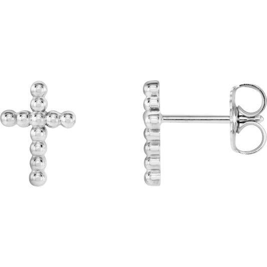14K White Beaded Cross Earrings