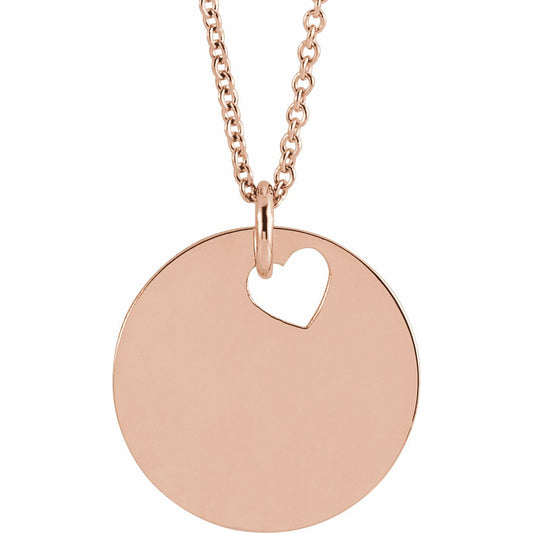 14K Rose Pierced Heart 15 mm Disc 16-18 Necklace