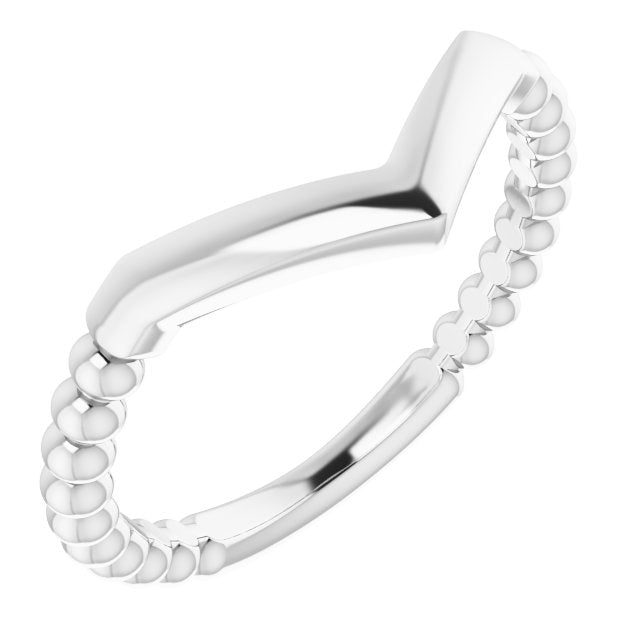 14K White Stackable Beaded V Ring