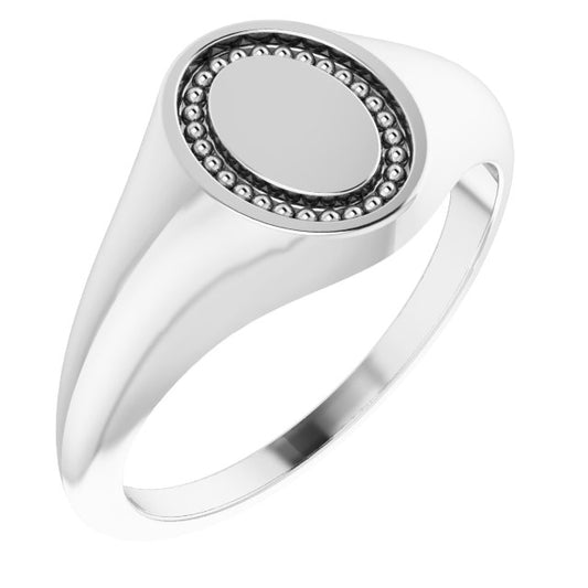 14K White 10x8 mm Oval Beaded Signet Ring