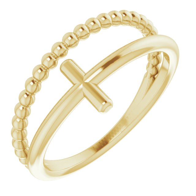 14K Yellow Negative Space & Beaded Cross Ring