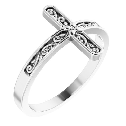 14K White Sideways Cross Ring