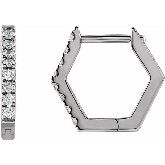 14K White 1/8 CTW Diamond Geometric Hinged Hoop Earrings