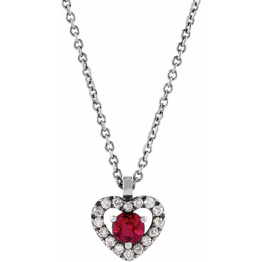 14K White Ruby & .06 CTW Diamond Heart 18 Necklace
