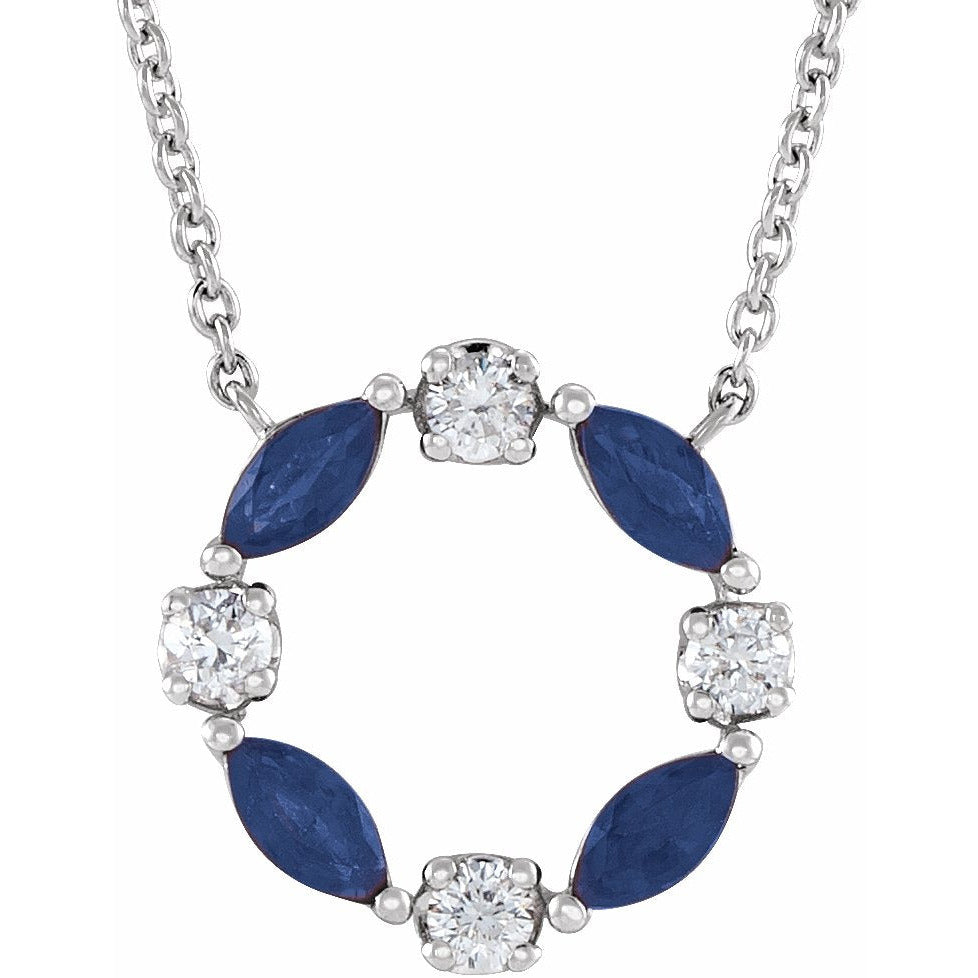 14K White Blue Sapphire & 1/10 CTW Diamond Circle 18 Necklace