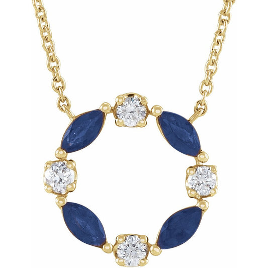 14K Yellow Blue Sapphire & 1/10 CTW Diamond Circle 18 Necklace