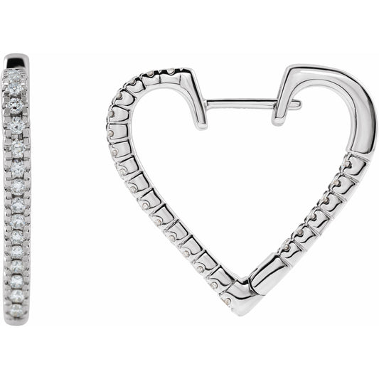 14K White 5/8 CTW Diamond Heart Hoop Earrings