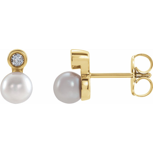 14K Yellow Akoya Cultured Pearl & .03 CTW Diamond Bezel-Set Earrings