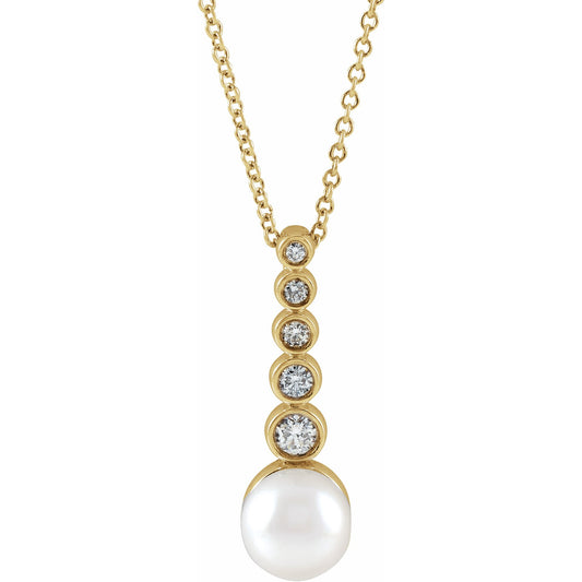14K Yellow Cultured Akoya Pearl & 1/8 CTW Diamond Bar 16-18 Necklace