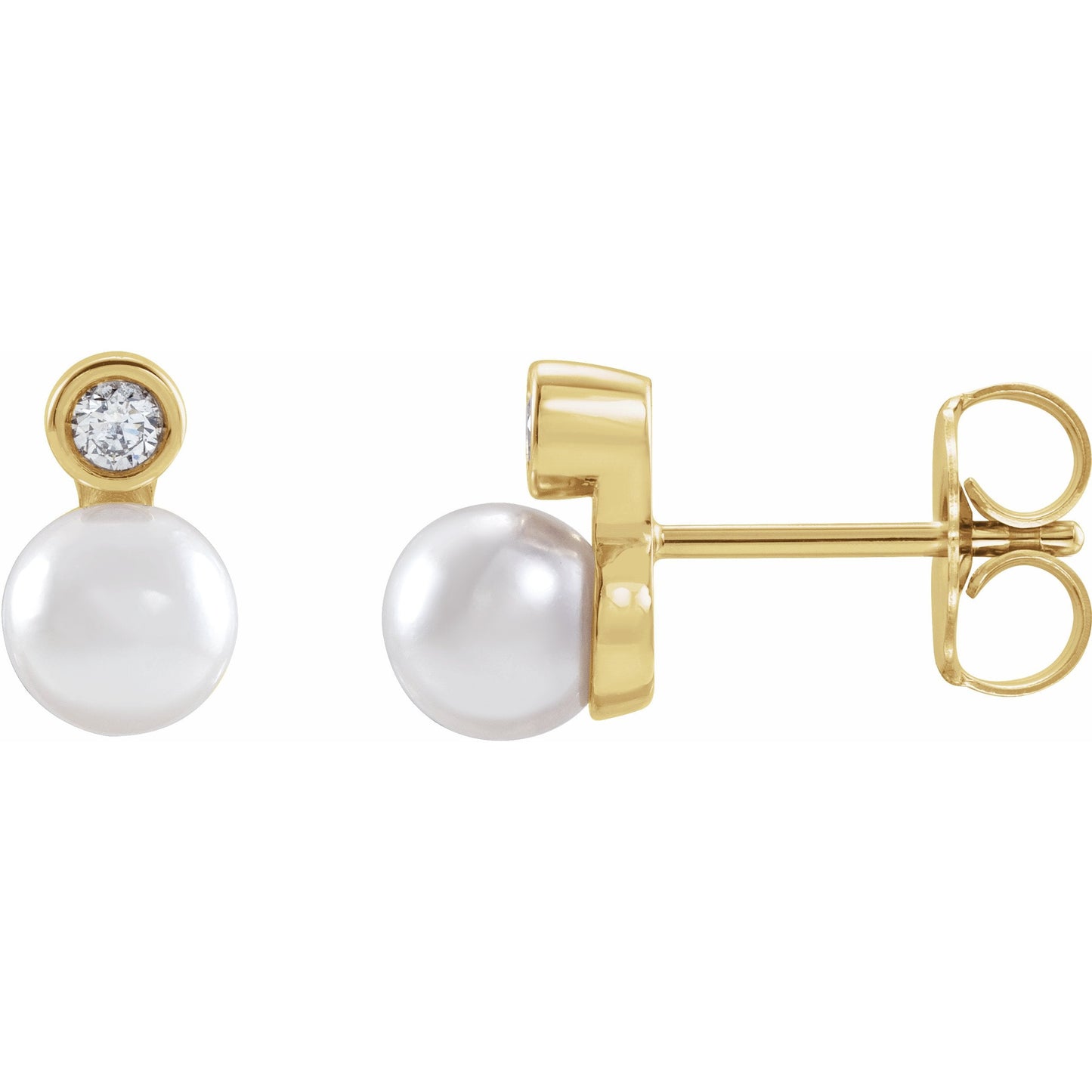 14K Yellow Akoya Cultured Pearl & 1/8 CTW Diamond Bezel-Set Earrings