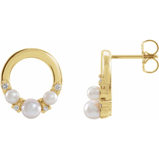 14K Yellow Cultured Seed Pearl & .06 CTW Diamond Circle Earrings