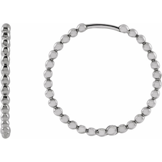 14K White Beaded 20 mm Hoop Earrings