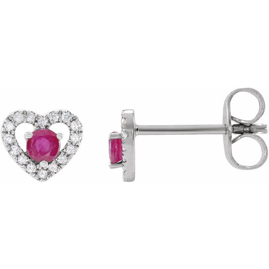 14K White Ruby & 1/10 CTW Diamond Heart Earrings