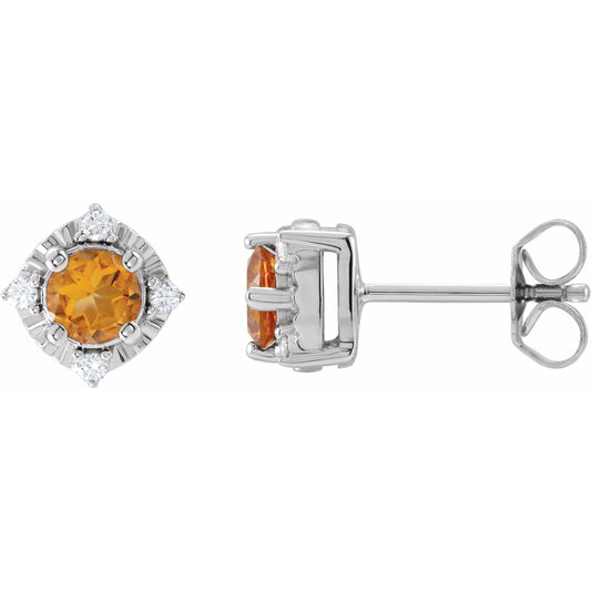 14K White Citrine & .08 CTW Diamond Halo-Style Earrings