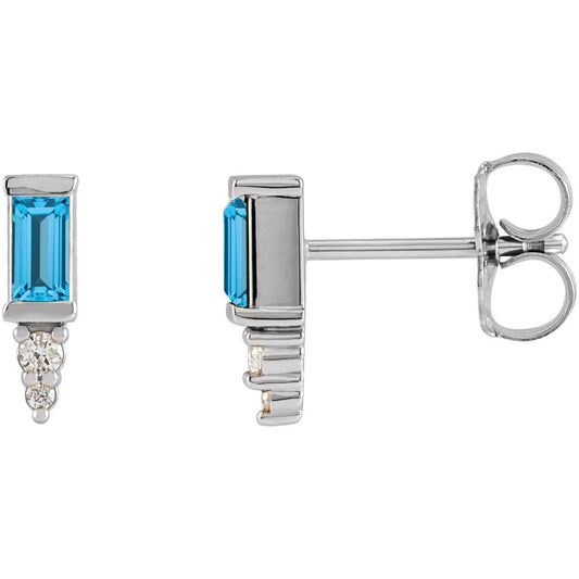 14K White Swiss Blue Topaz & .03 CTW Diamond Bar Earrings