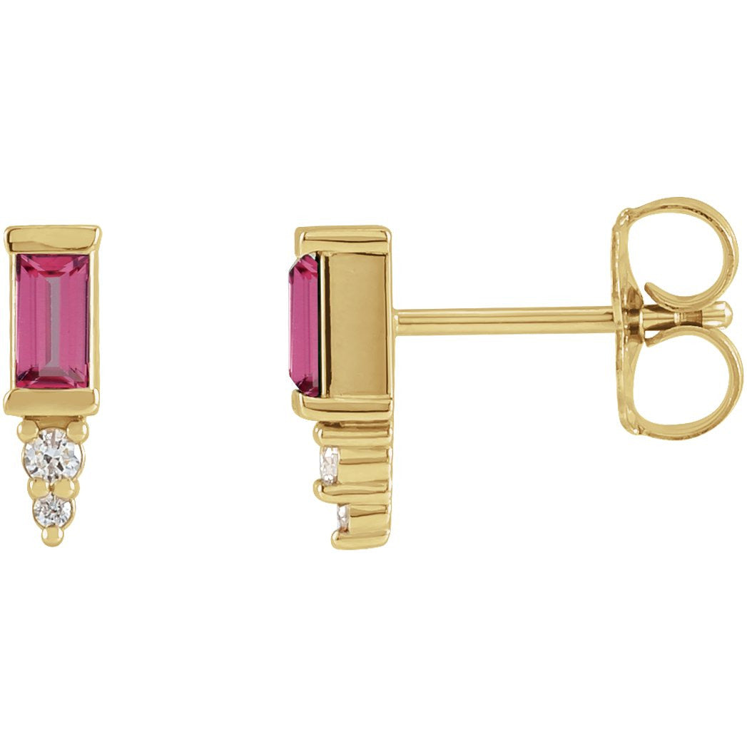 14K Yellow Pink Tourmaline & .03 CTW Diamond Bar Earrings