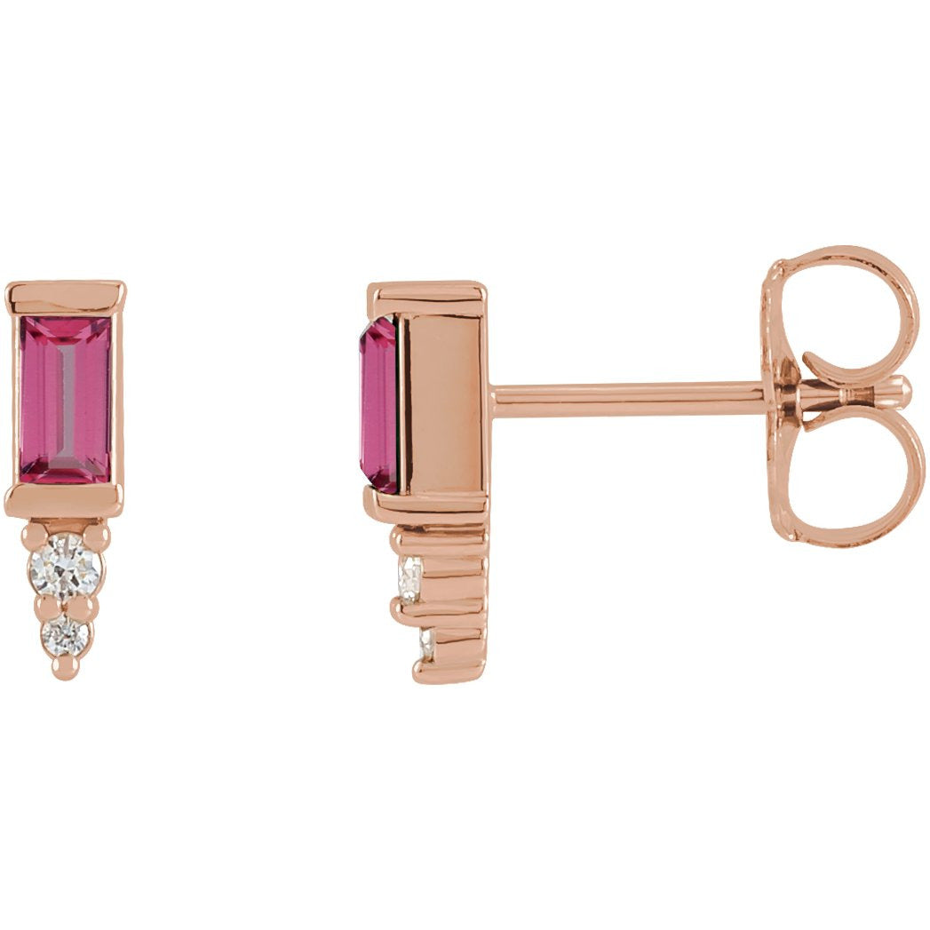14K Rose Pink Tourmaline & .03 CTW Diamond Bar Earrings