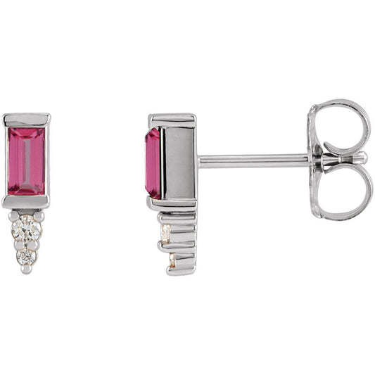 14K White Pink Tourmaline & .03 CTW Diamond Bar Earrings