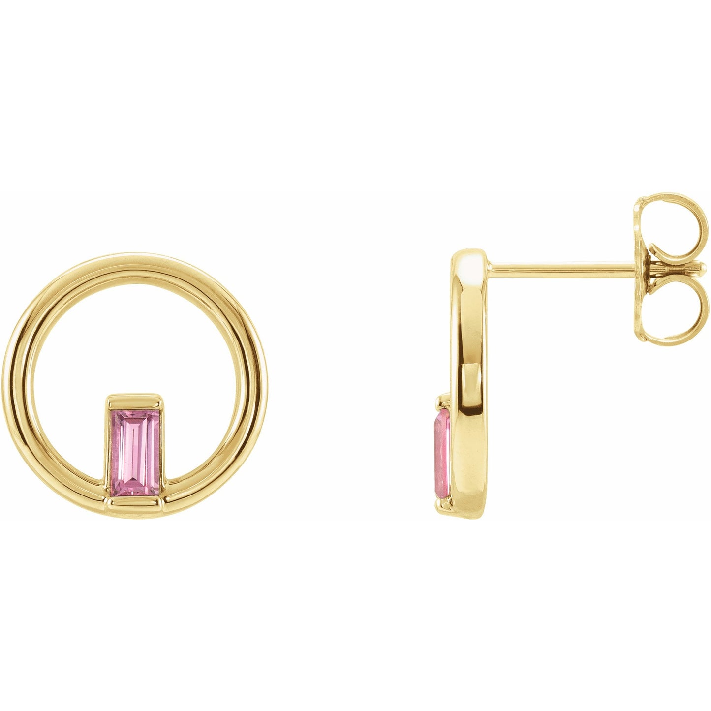 14K Yellow Pink Tourmaline Baguette Circle Earrings
