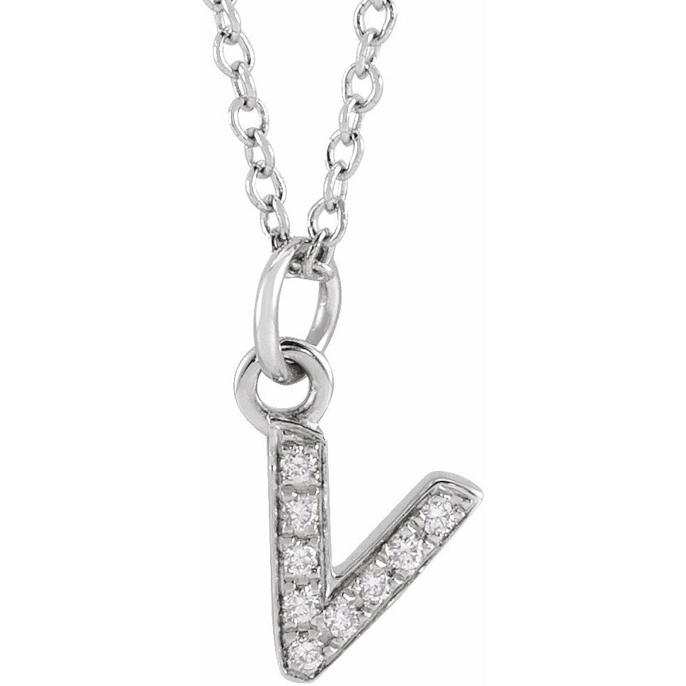 14K White .03 CTW Diamond Petite Initial V 16-18 Necklace