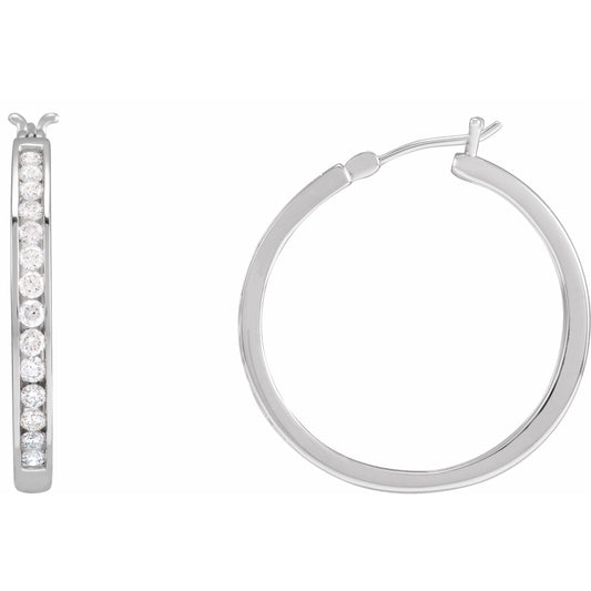 14K White 1 CTW Diamond Hoop Earrings