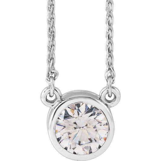 14K White 6.5 mm Round Cubic Zirconia Bezel-Set Solitaire 18 Necklace