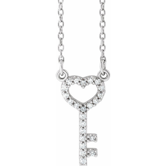 14K White 1/8 CTW Diamond Petite Heart Key 16.5 Necklace