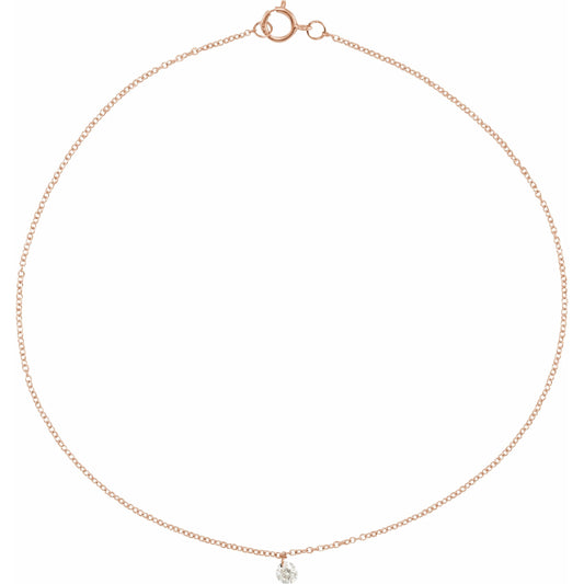 14K Rose 1/6 CT Drilled Diamond Solitaire 8-9 Anklet