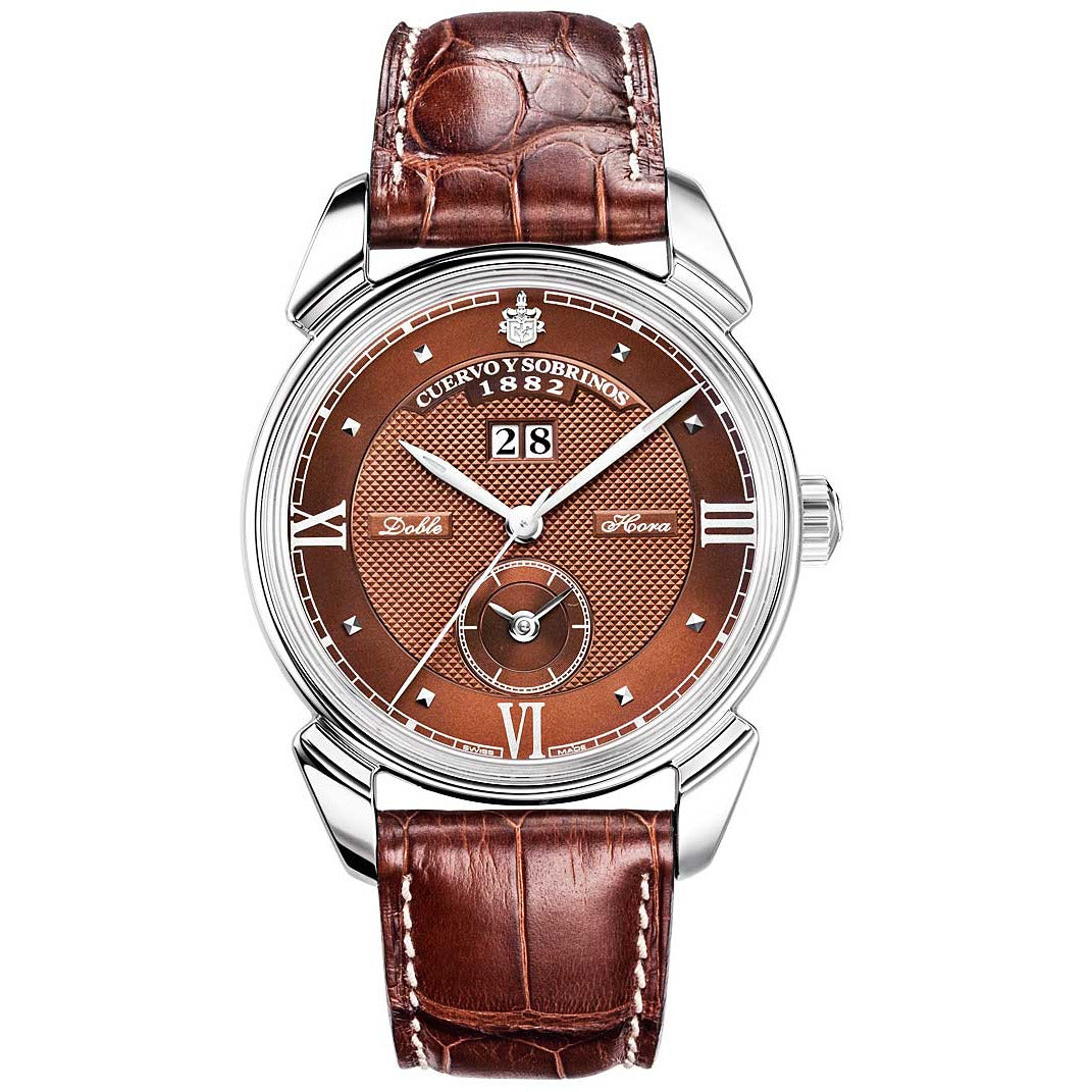 Historiador Doble Hora 40mm Stainless Steel Men's watch Brown Alligator Leather Strap with Brown Dial