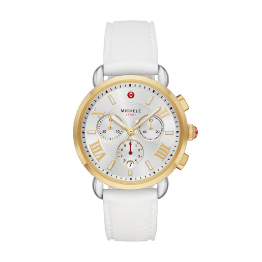 Michele Sporty Sport Sail Stainless and Yellow Gold Plated on White Silicone Strap