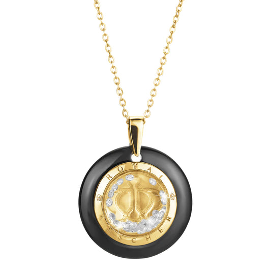 Royal Asscher Stellar Black Ceramic And Yellow Gold Pendant With Floating Diamonds